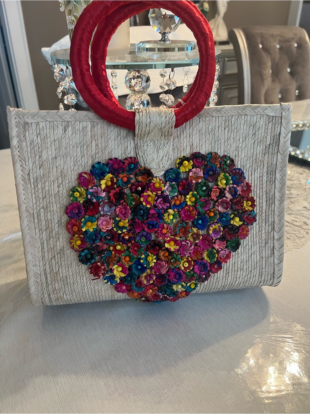 Handmade Mexican Palm Tote Bag Floral Heart Artisan Market Bag